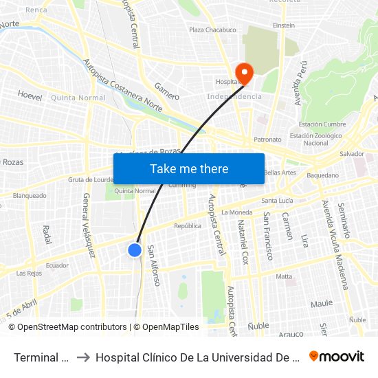 Terminal San Borja to Hospital Clínico De La Universidad De Chile Dr. Jose Joaquín Aguirre map