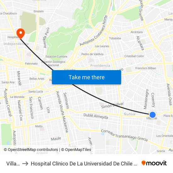 Villa Frei to Hospital Clínico De La Universidad De Chile Dr. Jose Joaquín Aguirre map