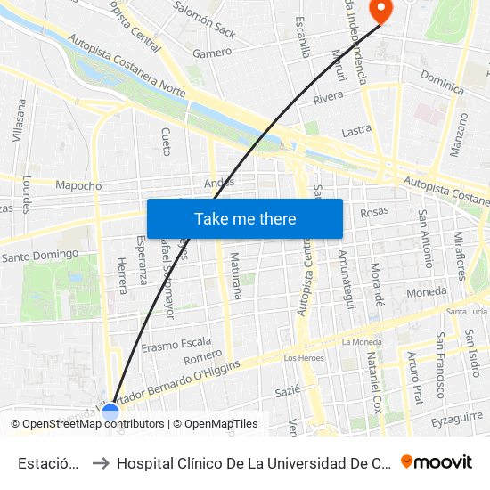 Estación Central to Hospital Clínico De La Universidad De Chile Dr. Jose Joaquín Aguirre map