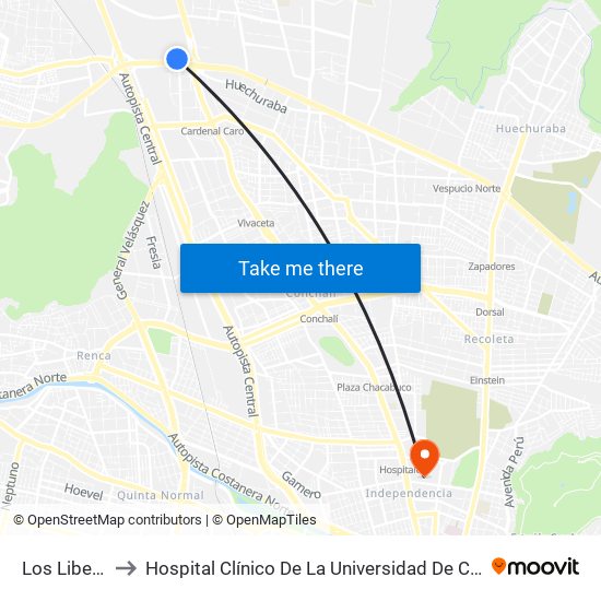 Los Libertadores to Hospital Clínico De La Universidad De Chile Dr. Jose Joaquín Aguirre map