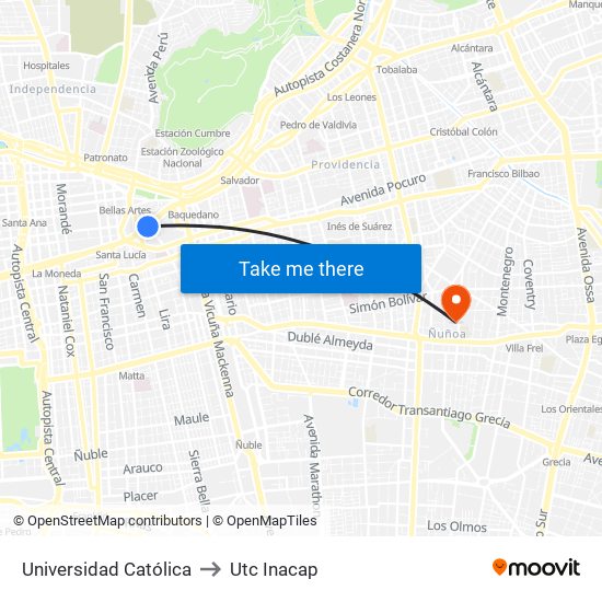 Universidad Católica to Utc Inacap map