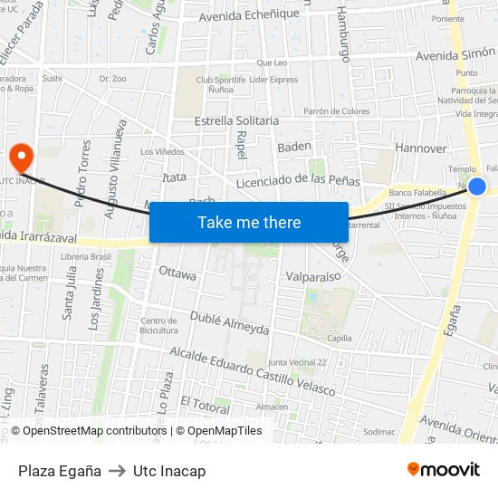 Plaza Egaña to Utc Inacap map