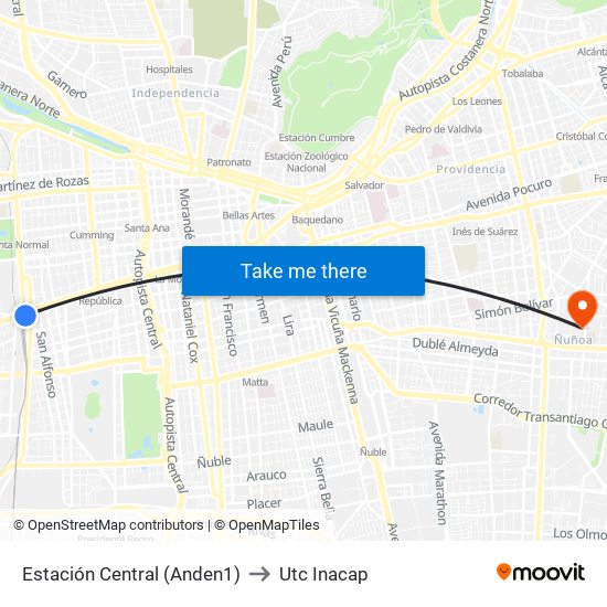 Estación Central (Anden1) to Utc Inacap map