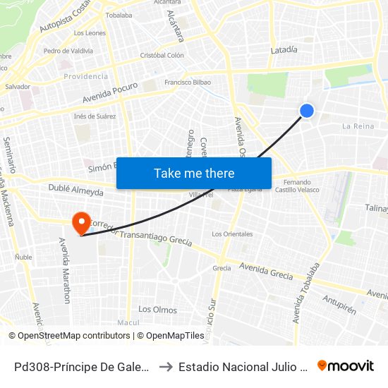 Pd308-Príncipe De Gales / Esq. S. Izquierdo to Estadio Nacional Julio Martínez Prádanos map