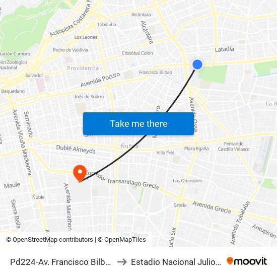 Pd224-Av. Francisco Bilbao / Esq. Av. S. Elcano to Estadio Nacional Julio Martínez Prádanos map