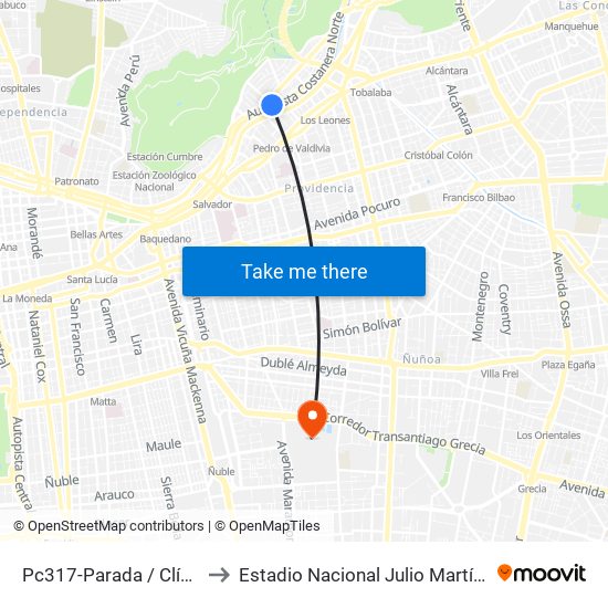 Pc317-Parada / Clínica Indisa to Estadio Nacional Julio Martínez Prádanos map