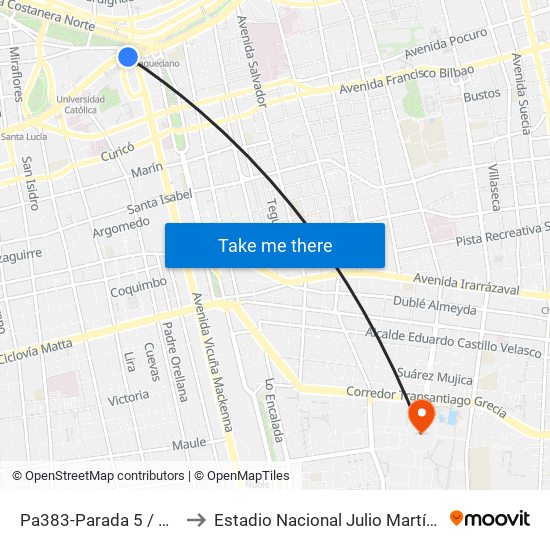 Pa383-Parada 5 / Plaza Italia to Estadio Nacional Julio Martínez Prádanos map