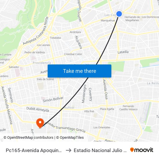 Pc165-Avenida Apoquindo / Esq. E. Dell'Orto to Estadio Nacional Julio Martínez Prádanos map