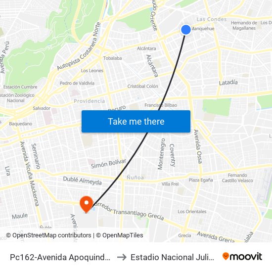 Pc162-Avenida Apoquindo / Esq. Rosa O'Higgins to Estadio Nacional Julio Martínez Prádanos map