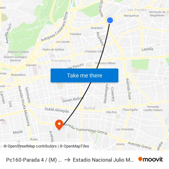 Pc160-Parada 4 / (M) Escuela Militar to Estadio Nacional Julio Martínez Prádanos map