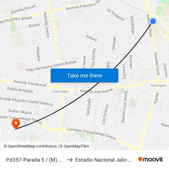 Pd357-Parada 5 / (M) Príncipe De Gales to Estadio Nacional Julio Martínez Prádanos map