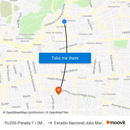 Pc206-Parada 7 / (M) Los Leones to Estadio Nacional Julio Martínez Prádanos map