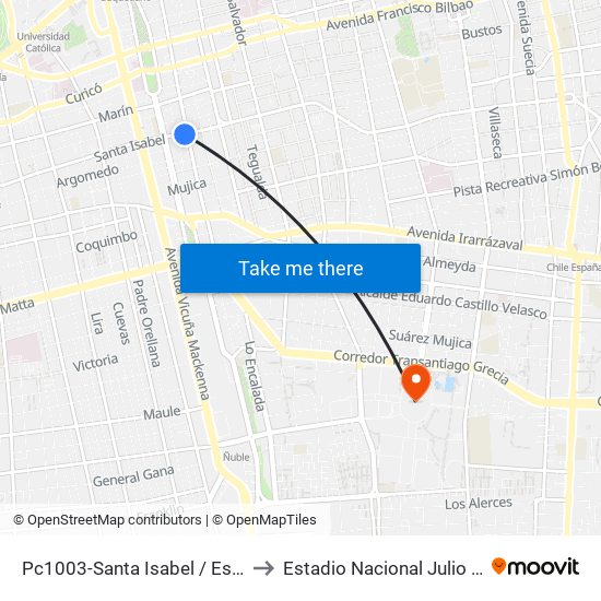 Pc1003-Santa Isabel / Esq. Avenida Seminario to Estadio Nacional Julio Martínez Prádanos map