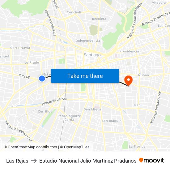 Las Rejas to Estadio Nacional Julio Martínez Prádanos map