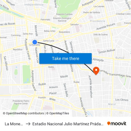 La Moneda to Estadio Nacional Julio Martínez Prádanos map