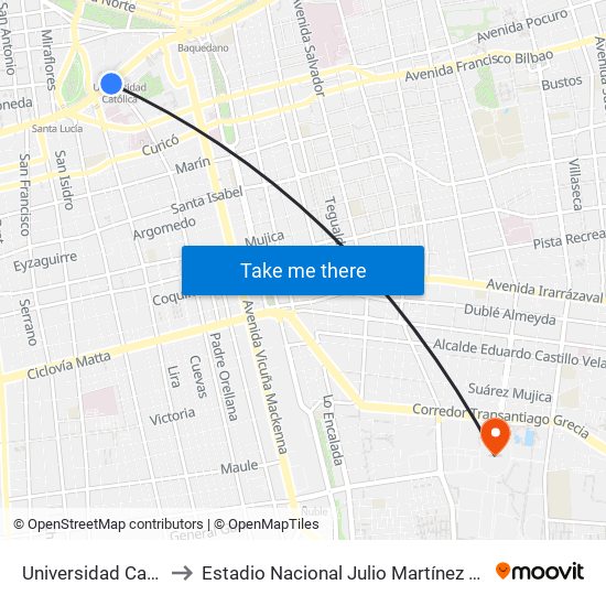 Universidad Católica to Estadio Nacional Julio Martínez Prádanos map