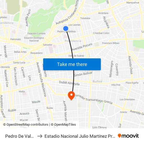 Pedro De Valdivia to Estadio Nacional Julio Martínez Prádanos map