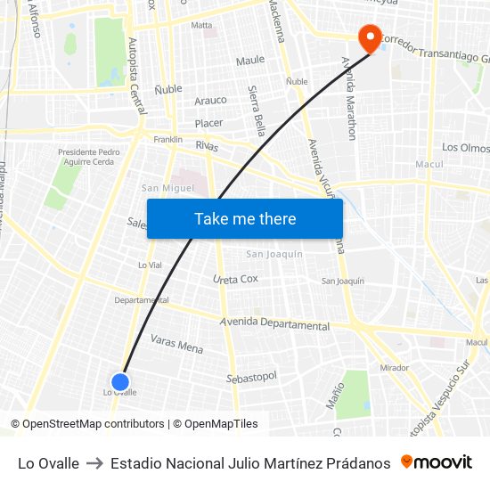 Lo Ovalle to Estadio Nacional Julio Martínez Prádanos map