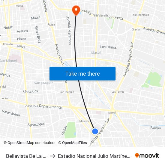 Bellavista De La Florida to Estadio Nacional Julio Martínez Prádanos map