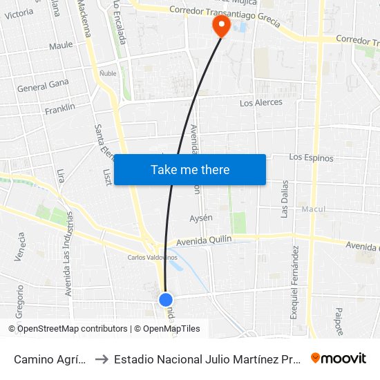 Camino Agrícola to Estadio Nacional Julio Martínez Prádanos map