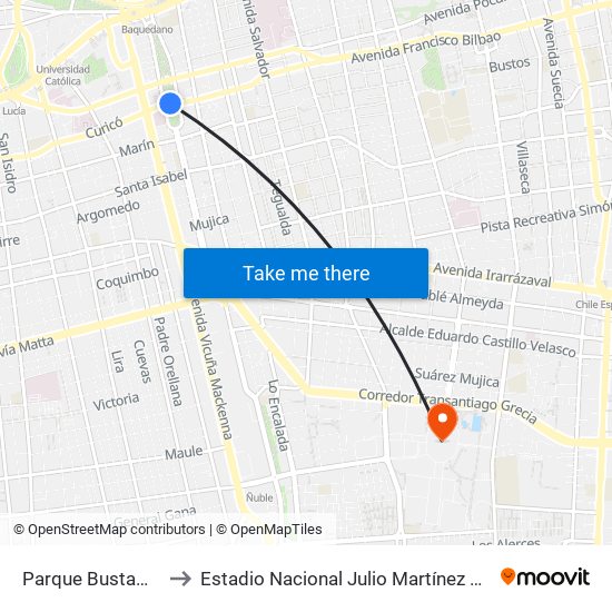 Parque Bustamante to Estadio Nacional Julio Martínez Prádanos map