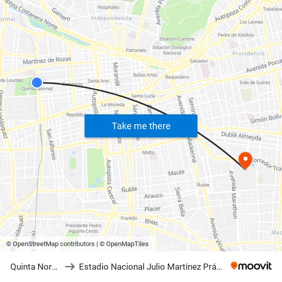 Quinta Normal to Estadio Nacional Julio Martínez Prádanos map