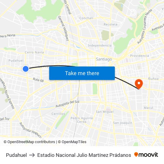 Pudahuel to Estadio Nacional Julio Martínez Prádanos map