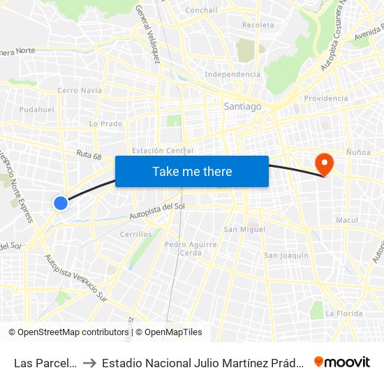 Las Parcelas to Estadio Nacional Julio Martínez Prádanos map