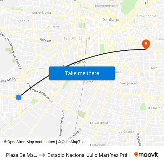 Plaza De Maipú to Estadio Nacional Julio Martínez Prádanos map