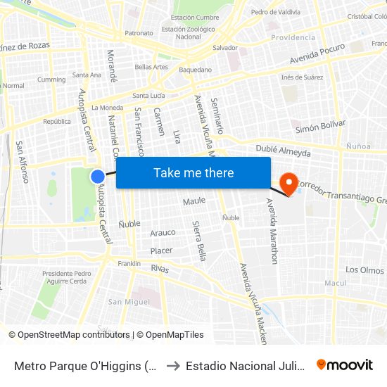 Metro Parque O'Higgins (Av. Tupper Esq. Av. Viel) to Estadio Nacional Julio Martínez Prádanos map