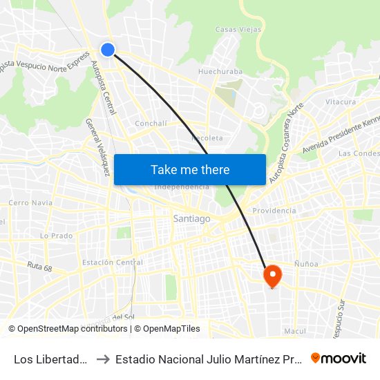 Los Libertadores to Estadio Nacional Julio Martínez Prádanos map