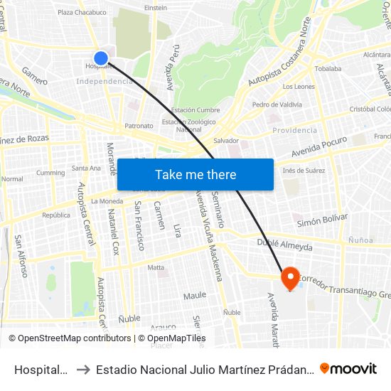 Hospitales to Estadio Nacional Julio Martínez Prádanos map