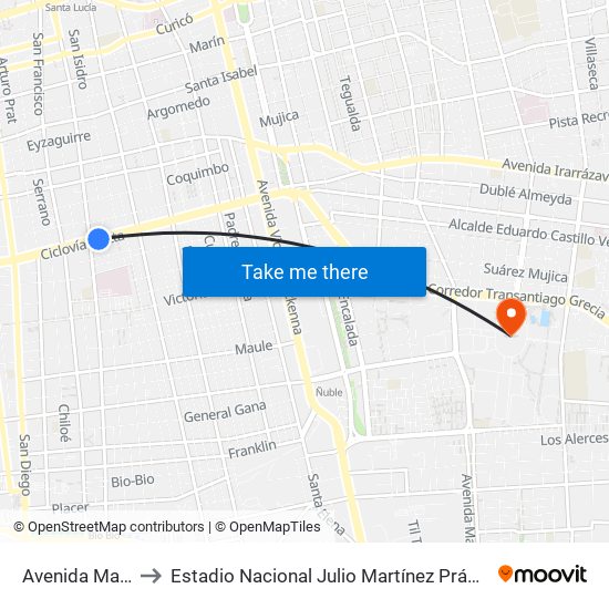 Avenida Matta to Estadio Nacional Julio Martínez Prádanos map