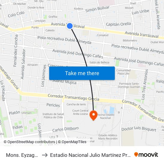 Mons. Eyzaguirre to Estadio Nacional Julio Martínez Prádanos map