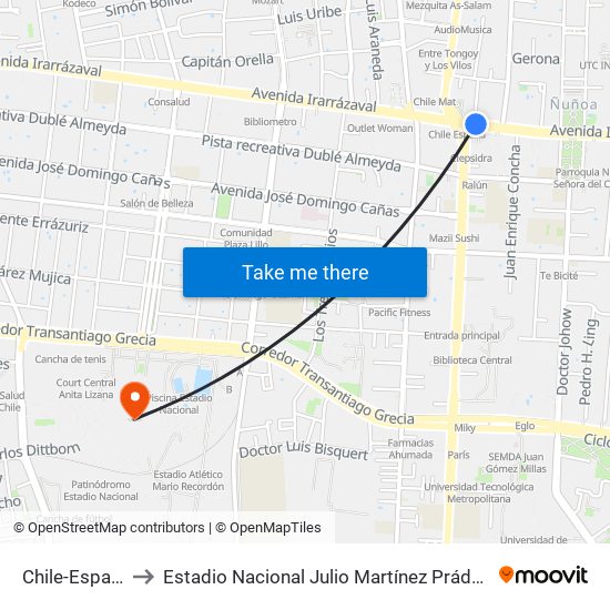 Chile-España to Estadio Nacional Julio Martínez Prádanos map