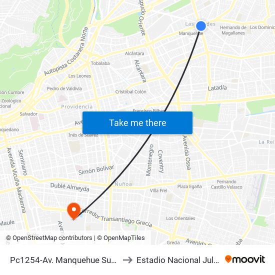 Pc1254-Av. Manquehue Sur / Esq. Avenida Apoquindo to Estadio Nacional Julio Martínez Prádanos map