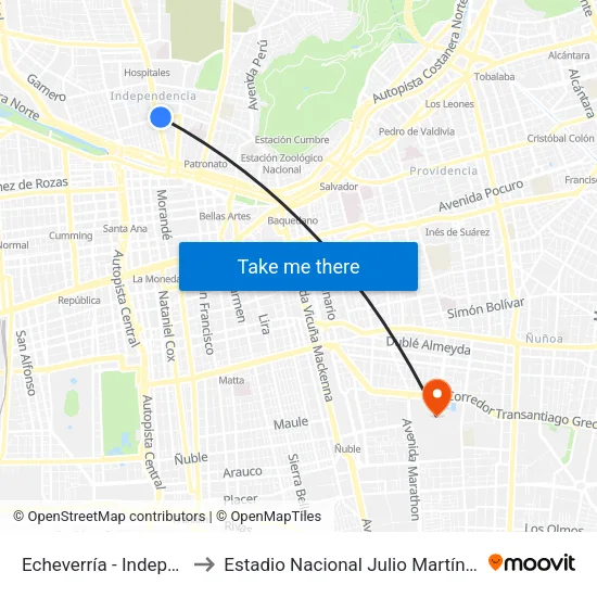 Echeverría - Independencia to Estadio Nacional Julio Martínez Prádanos map