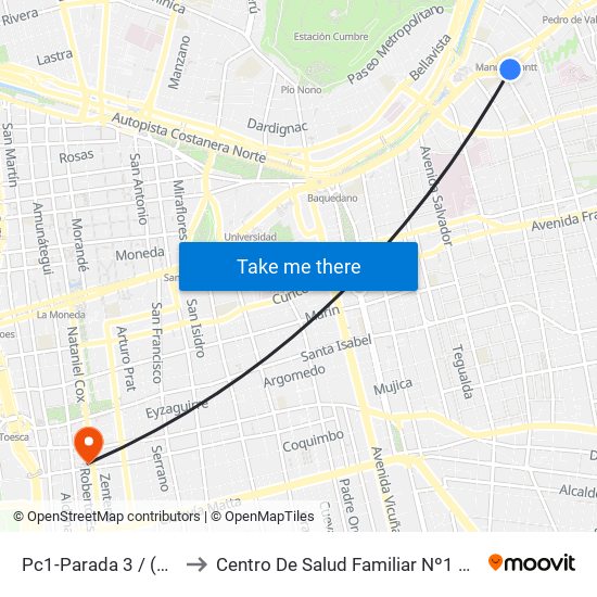 Pc1-Parada 3 / (M) Manuel Montt to Centro De Salud Familiar Nº1 Ramón Corbalán Melgarejo map