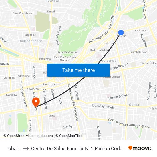 Tobalaba to Centro De Salud Familiar Nº1 Ramón Corbalán Melgarejo map
