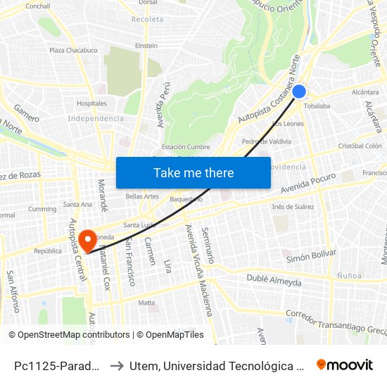 Pc1125-Parada / Costanera Center to Utem, Universidad Tecnológica Metropolitana. Escuela De Arquitectura map