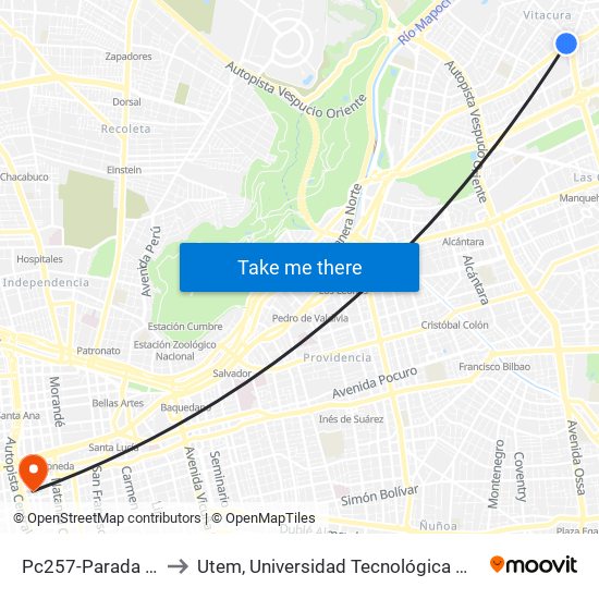 Pc257-Parada 2 / Clínica Alemana to Utem, Universidad Tecnológica Metropolitana. Escuela De Arquitectura map