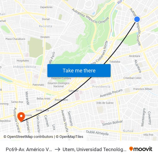 Pc69-Av. Américo Vespucio / Esq. Avenida Vitacura to Utem, Universidad Tecnológica Metropolitana. Escuela De Arquitectura map