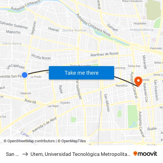 San Pablo to Utem, Universidad Tecnológica Metropolitana. Escuela De Arquitectura map