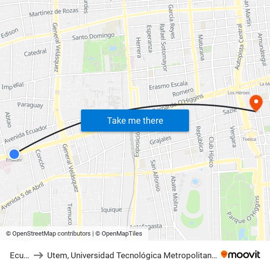 Ecuador to Utem, Universidad Tecnológica Metropolitana. Escuela De Arquitectura map