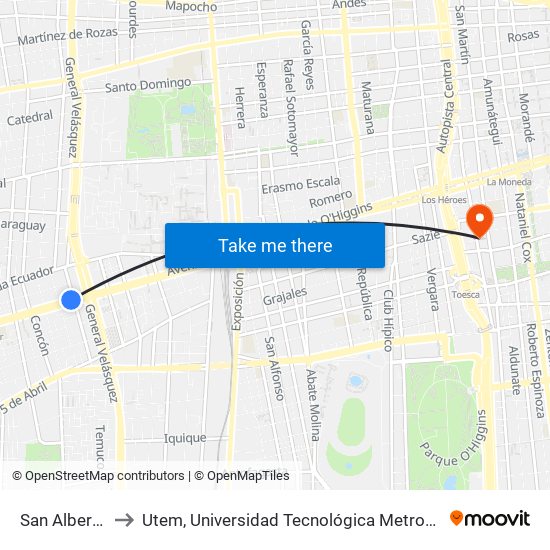 San Alberto Hurtado to Utem, Universidad Tecnológica Metropolitana. Escuela De Arquitectura map
