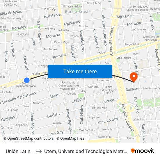 Unión Latino Americana to Utem, Universidad Tecnológica Metropolitana. Escuela De Arquitectura map