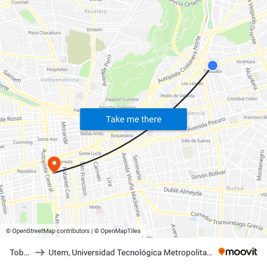 Tobalaba to Utem, Universidad Tecnológica Metropolitana. Escuela De Arquitectura map