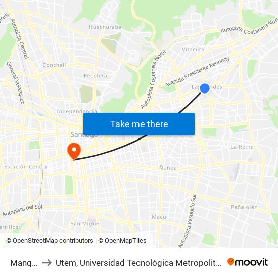 Manquehue to Utem, Universidad Tecnológica Metropolitana. Escuela De Arquitectura map