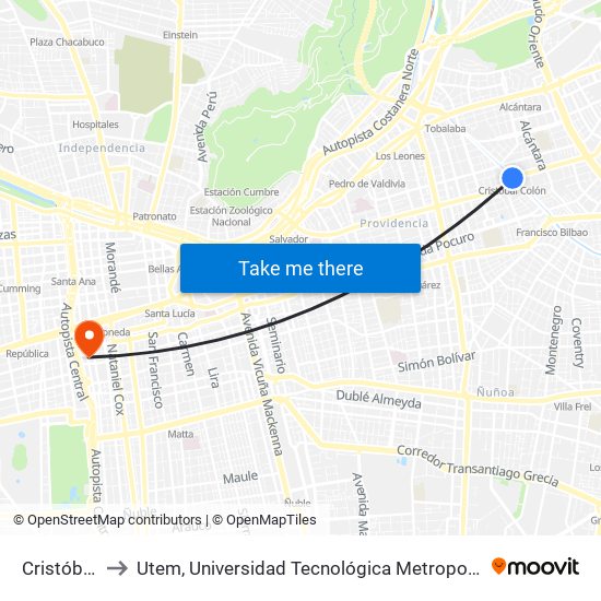 Cristóbal Colón to Utem, Universidad Tecnológica Metropolitana. Escuela De Arquitectura map