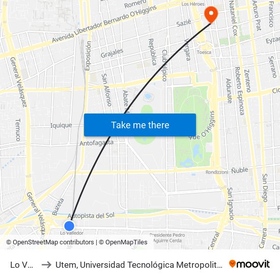 Lo Valledor to Utem, Universidad Tecnológica Metropolitana. Escuela De Arquitectura map